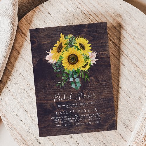 Rustic Sunflower Eucalyptus  Wood Bridal Shower Invitation
