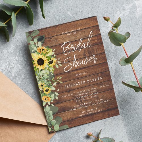 Rustic sunflower eucalyptus wood bridal shower invitation