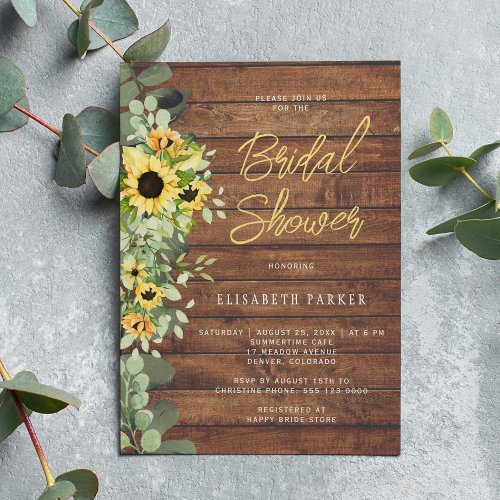 Rustic sunflower eucalyptus wood bridal shower invitation