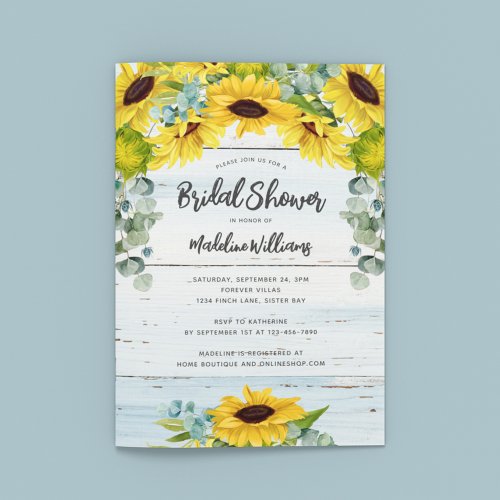 Rustic Sunflower Eucalyptus Wood Bridal Shower Invitation