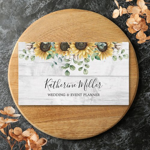 Rustic Sunflower Eucalyptus Wood Business Card