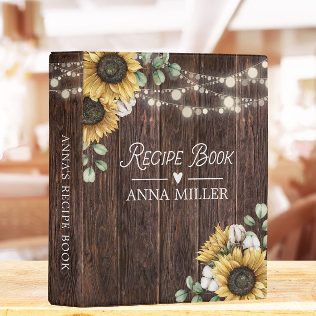Rustic Sunflower Eucalyptus Wood Recipe Cookbook Mini Binder (In situ on kitchen table)