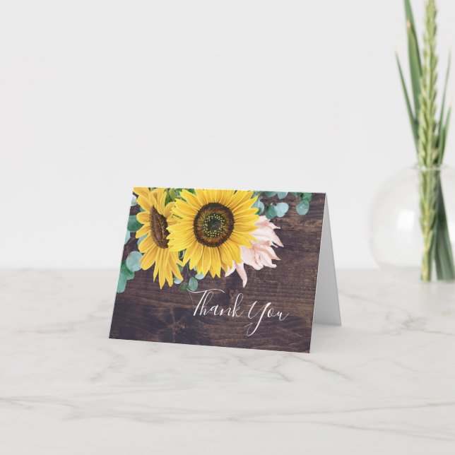 Rustic Sunflower Eucalyptus | Wood Thank You Card (Front)