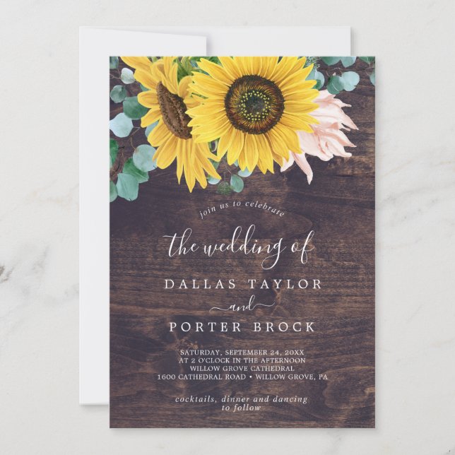 Rustic Sunflower Eucalyptus | Wood The Wedding Of Invitation (Front)