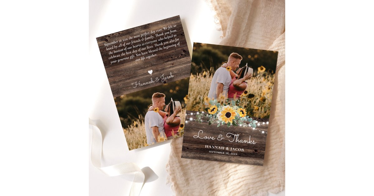 Rustic Sunflower Eucalyptus Wood Wedding Thank You Card | Zazzle