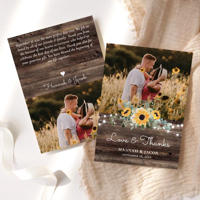 Rustic Sunflower Eucalyptus Wood Wedding Thank You Card | Zazzle