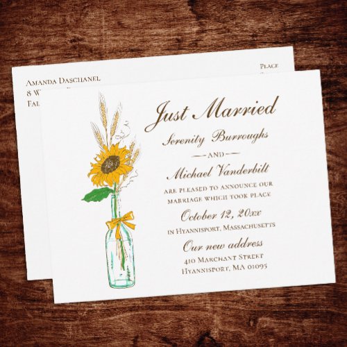 Rustic Sunflower Fall Floral Just Married Wedding  Announcement Postcard