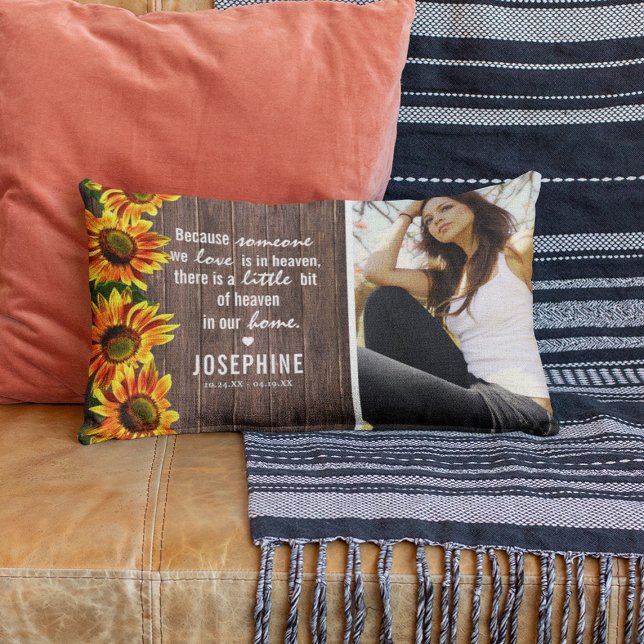 Rustic Sunflower Family Memorial | Photo Keepsake Lumbar Pillow (Creator Uploaded)