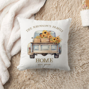 Rustic Sunflower Farm Truck Autumn Family Home Throw Pillow