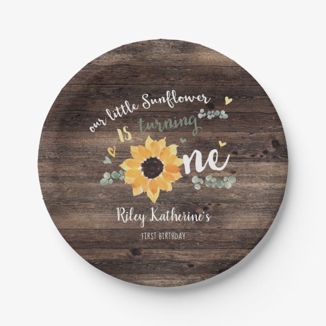 Rustic Sunflower First Birthday Floral Paper Plates (Front)