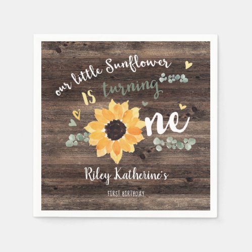 Rustic Sunflower First Birthday Party Napkins