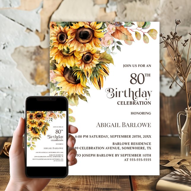 Rustic Sunflower Floral 80th Birthday Party Invitation (Creator Uploaded)