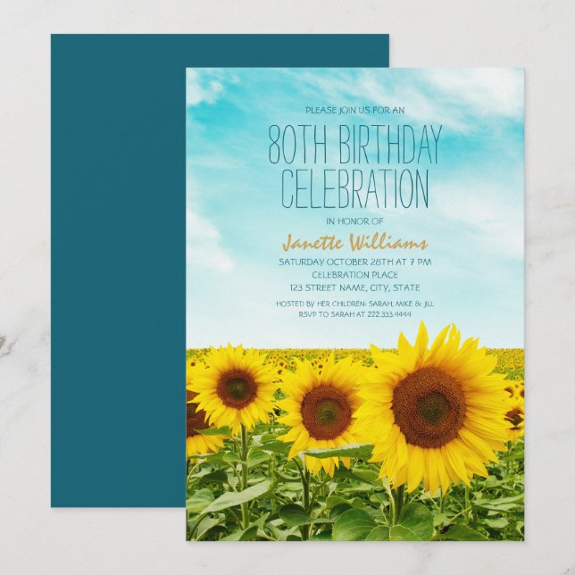 Rustic Sunflower Floral 80th Birthday Party Invitation (Front/Back)
