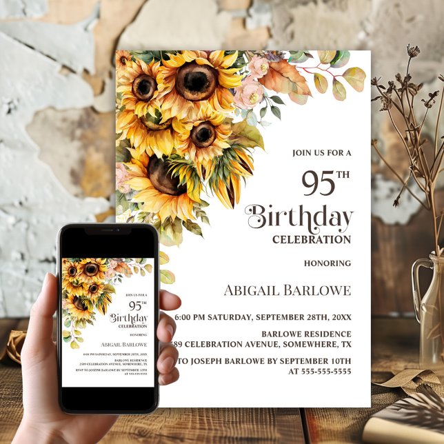 Rustic Sunflower Floral 95th Birthday Party Invitation (Creator Uploaded)