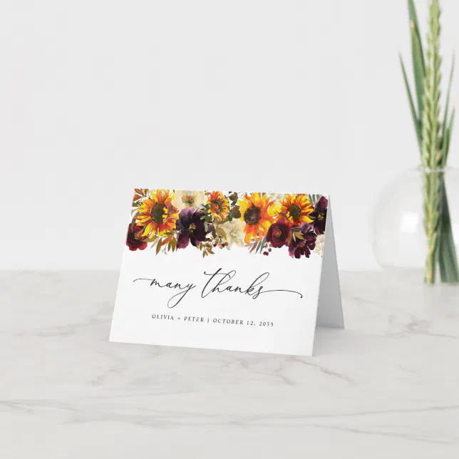 Rustic Sunflower Floral Autumn Burgundy Wedding Thank You Card | Zazzle