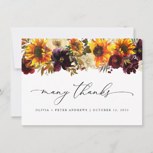 Rustic Sunflower Floral Autumn Burgundy Wedding Thank You Card