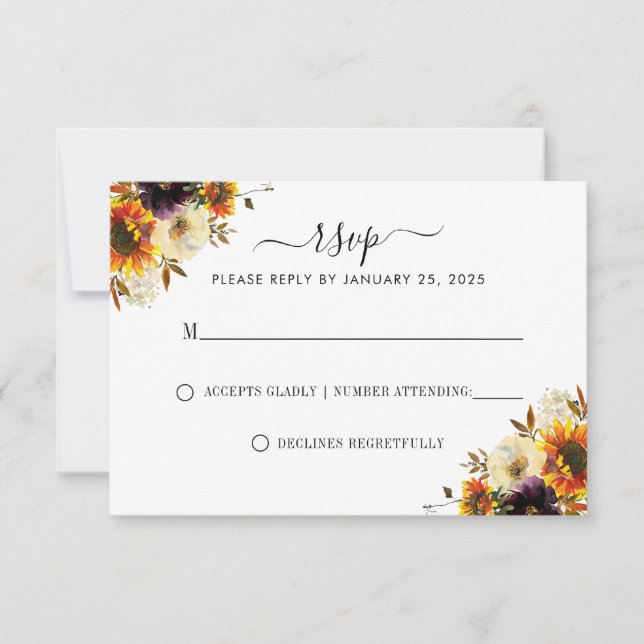 Rustic Sunflower Floral Autumn Fall Wedding RSVP (Front)