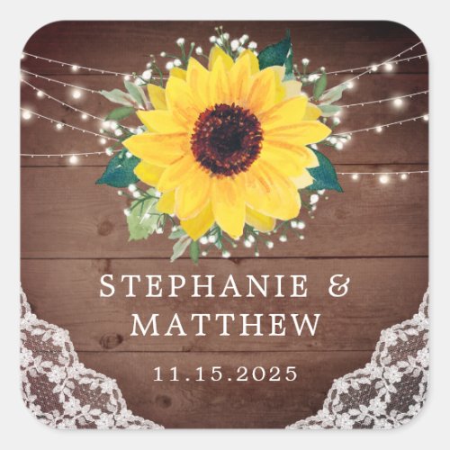 Rustic Sunflower Floral Babys Breath Wedding Square Sticker