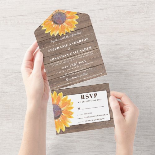 Rustic Sunflower Floral Barn Wood Wedding All In One Invitation