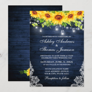 Rustic Sunflower Floral Blue Wood Jar Lights Lace Invitation