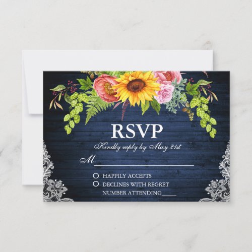 Rustic Sunflower Floral Blue Wood Lace Wedding RSVP Card