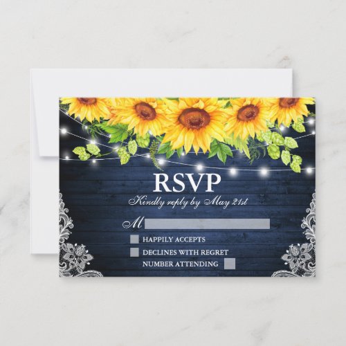 Rustic Sunflower Floral Blue Wood Lights Lace RSVP