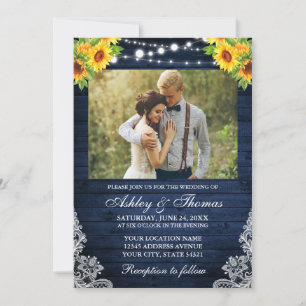 Rustic Sunflower Floral Blue Wood Lights Photo Invitation