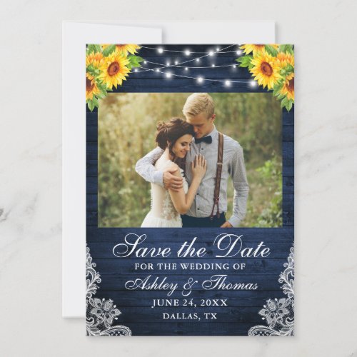 Rustic Sunflower Floral Blue Wood Lights Photo Save The Date