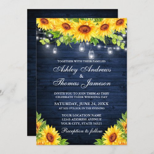 Rustic Sunflower Floral Blue Wood Mason Jar Lights Invitation