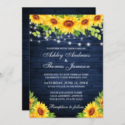 Rustic Sunflower Floral Blue Wood String Lights Invitation