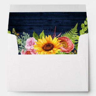 Rustic Sunflower Floral Blue Wood Wedding Envelope