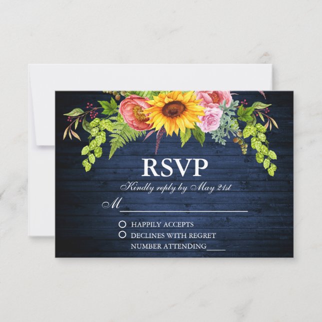 Rustic Sunflower Floral Blue Wood Wedding RSVP Card (Front)