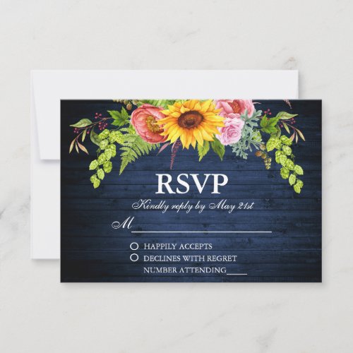 Rustic Sunflower Floral Blue Wood Wedding RSVP Card