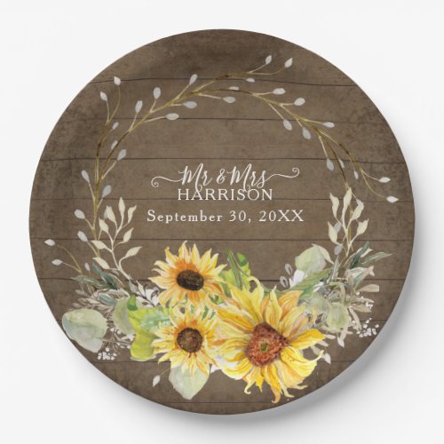 Rustic Sunflower Floral BOHO Watercolor Greenery Paper Plates