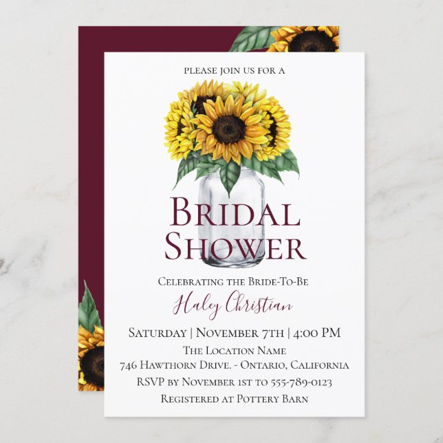 Rustic Sunflower Floral Bridal Shower Invitation (Front/Back)