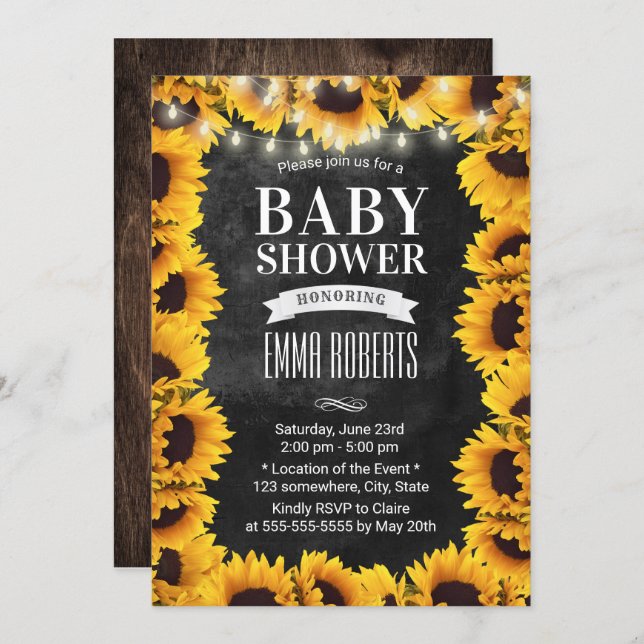 Rustic Sunflower Floral Chalkboard Baby Shower Invitation (Front/Back)