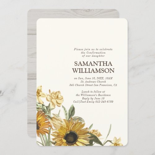 Rustic Sunflower Floral Confirmation Invitation