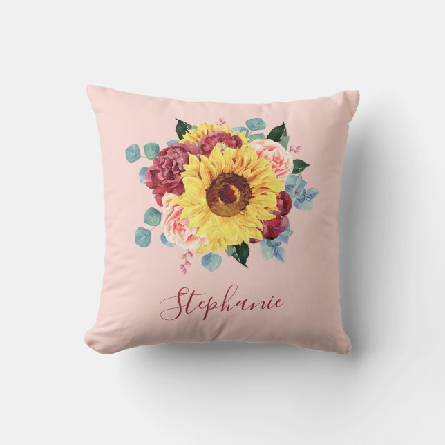 Rustic Sunflower Floral Eucalyptus Monogram Throw Pillow (Front)