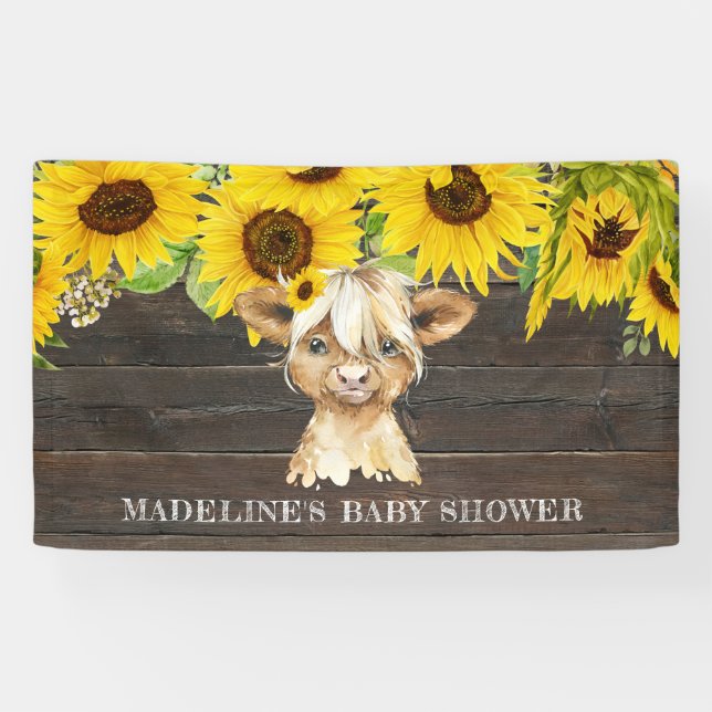 Rustic Sunflower Floral Highland Cow Baby Shower Banner (Horizontal)