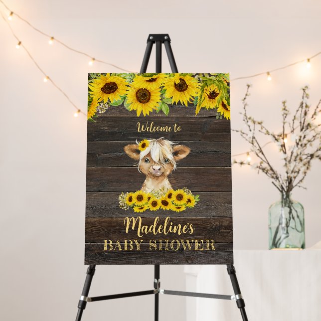 Rustic Sunflower Floral Highland Cow Baby Shower Foam Board (In Situ (Stand))