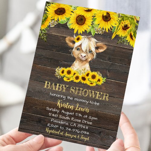 Rustic Sunflower Floral Highland Cow Baby Shower Invitation