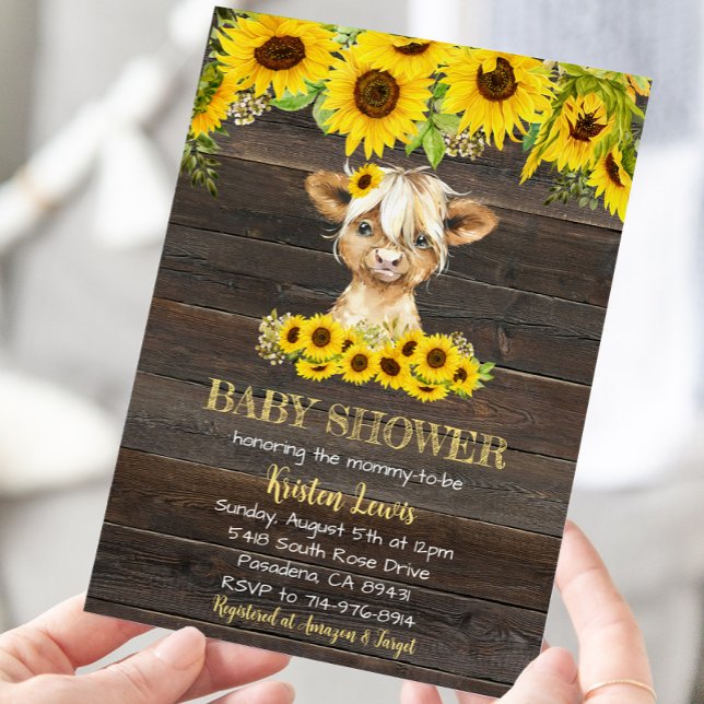 Rustic Sunflower Floral Highland Cow Baby Shower Invitation (Creator Uploaded)