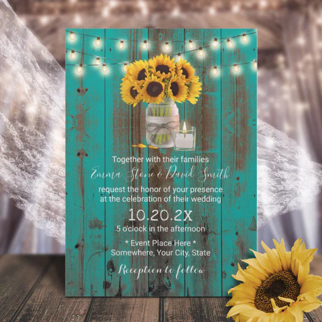 Rustic Sunflower Floral Jar Teal Barn Wood Wedding Invitation Zazzle