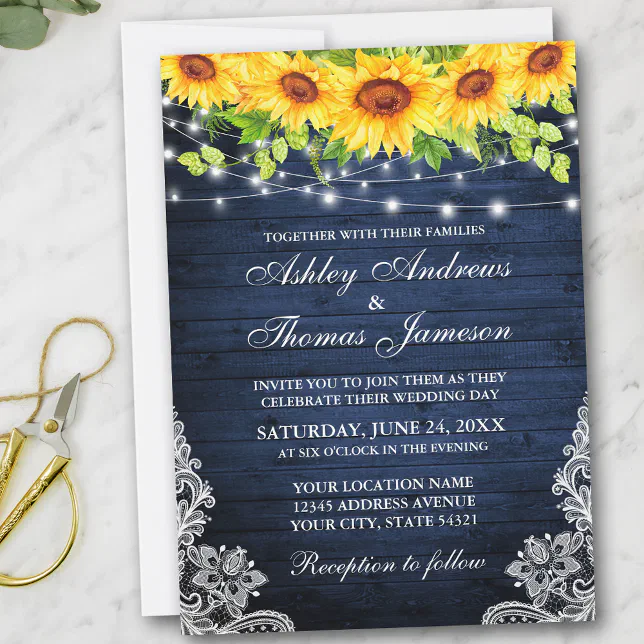 Rustic Sunflower Floral Lace Blue Wood Lights Invitation | Zazzle