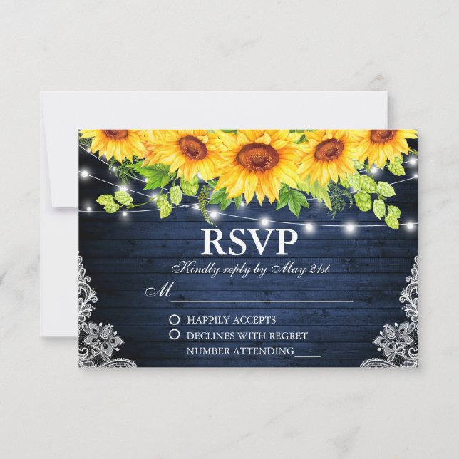 Rustic Sunflower Floral Lace Blue Wood Lights RSVP Card (Front)