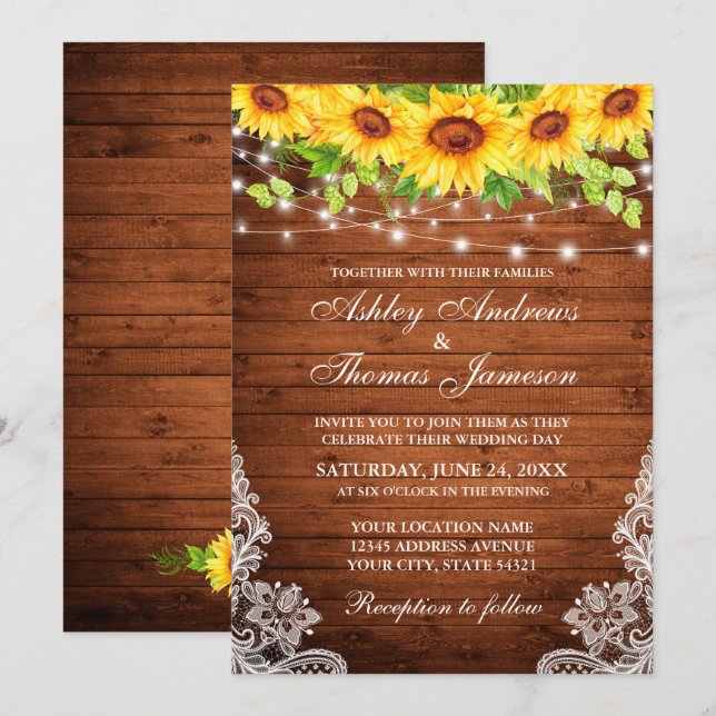 Rustic Sunflower Floral Lace Wood Lights Invitation (Front/Back)
