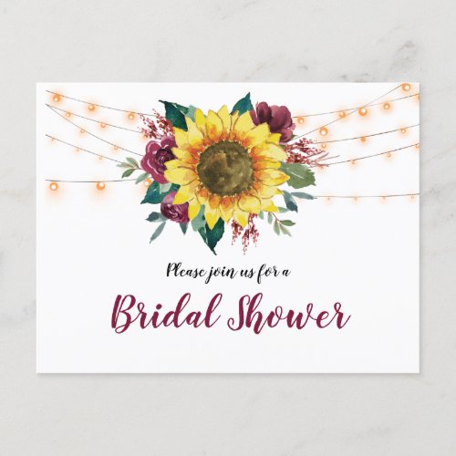 Rustic Sunflower Floral Lights Bridal Shower Invitation Postcard