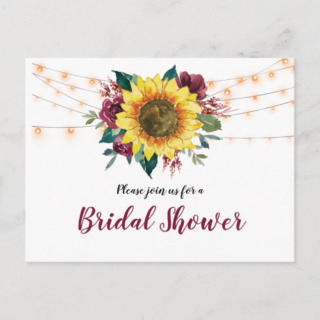 Rustic Sunflower Floral Lights Bridal Shower Invitation Postcard (Front)
