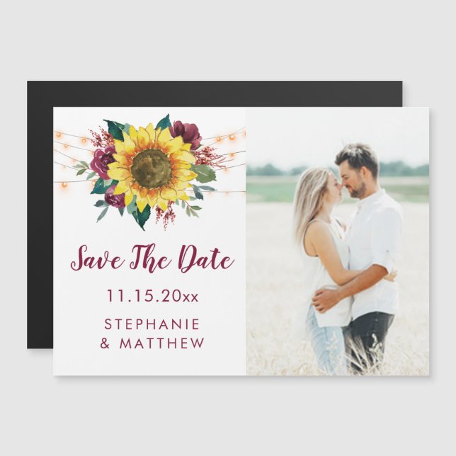 Rustic Sunflower Floral Lights Photo Save The Date Magnetic Invitation (Front/Back)
