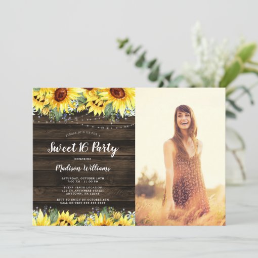 Rustic Sunflower Floral Lights Sweet 16 Photo Invitation | Zazzle